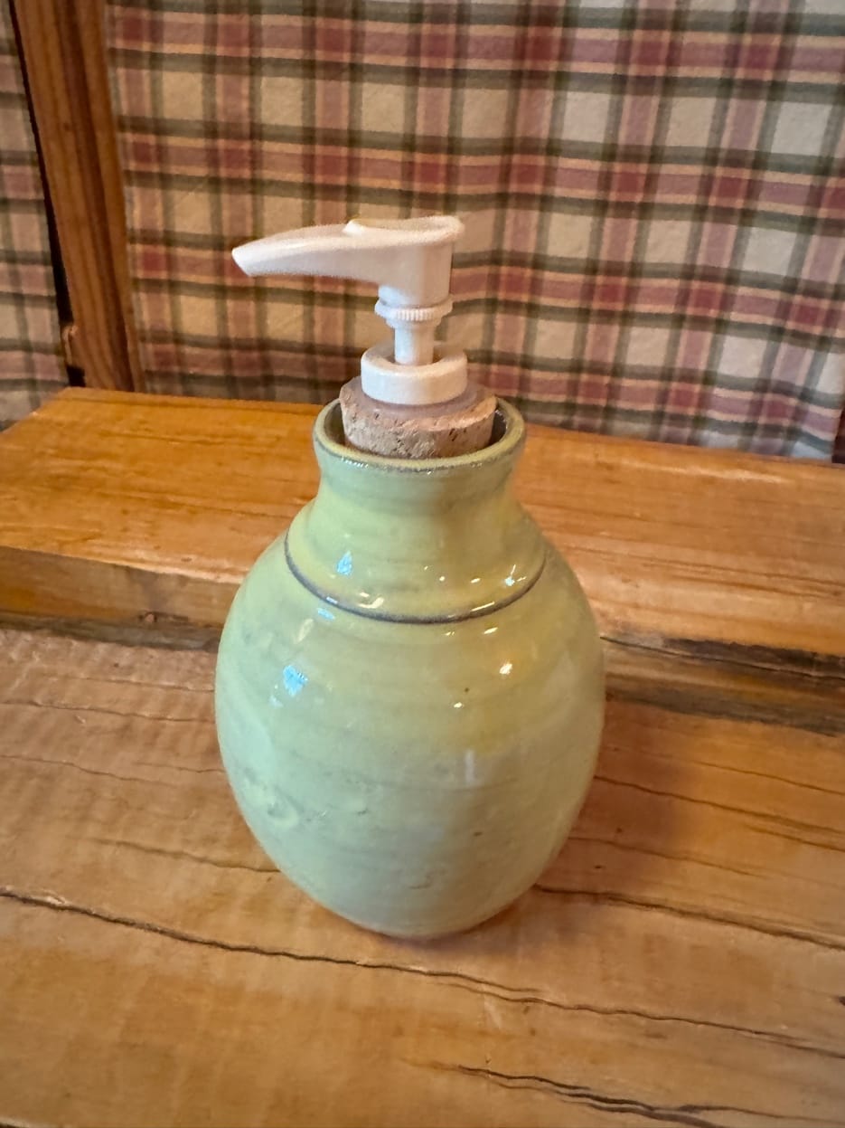 Green soap dispenser by Nancy Owens Brewer
