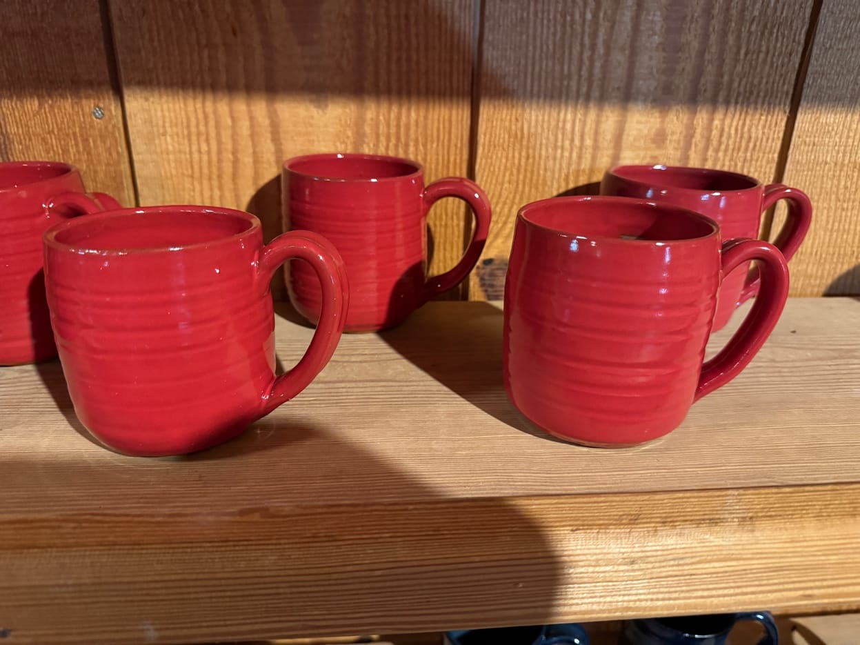 Three mugs in different colors by Nancy Owens Brewer
