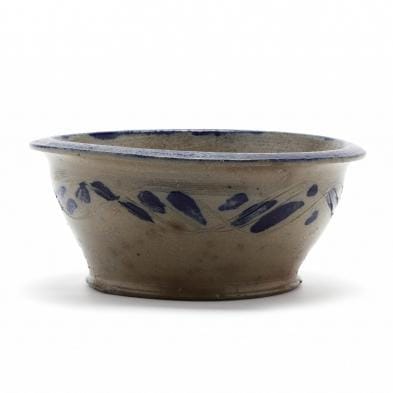 J.H. Owen salt-glazed stoneware bowl with cobalt blue brushwork decoration
